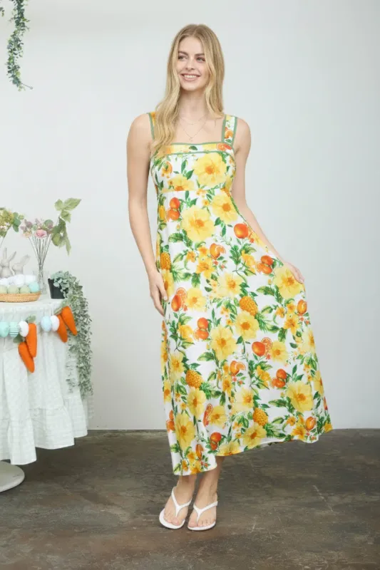 FLORAL & FRUIT PATTERN SLEEVELESS MIDI DRESS sold by Blu Pepper