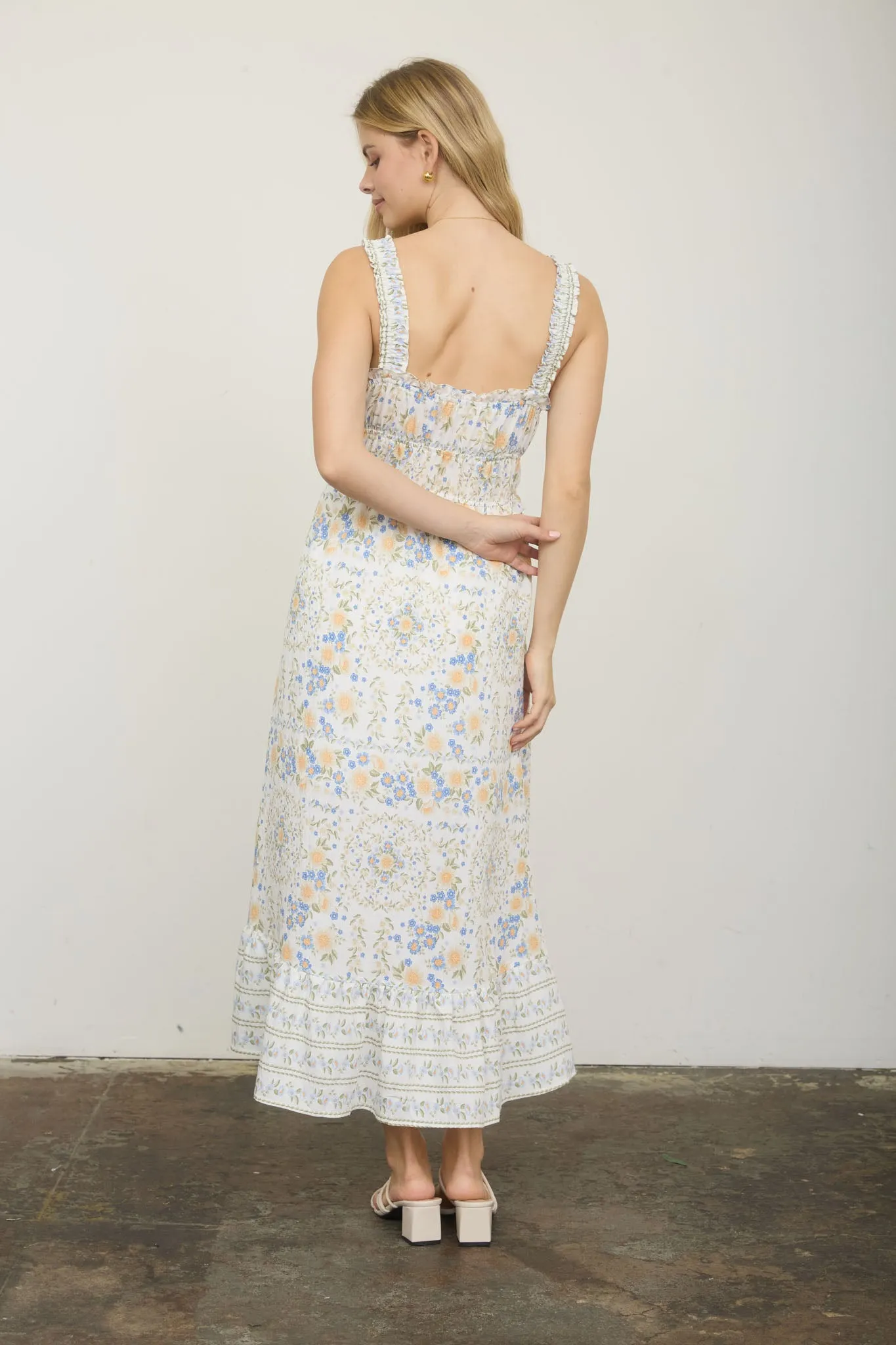 BORDER FLORAL SLEEVELESS FRONT TIE MIDI DRESS (PRE-ORDER) sold by Blu Pepper product image thumbnail 2