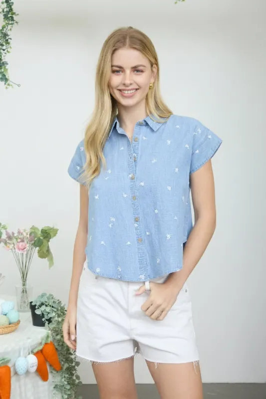 EMBROIDERED FLORAL PATTERN BUTTON DOWN DENIM SHIRT made by mine