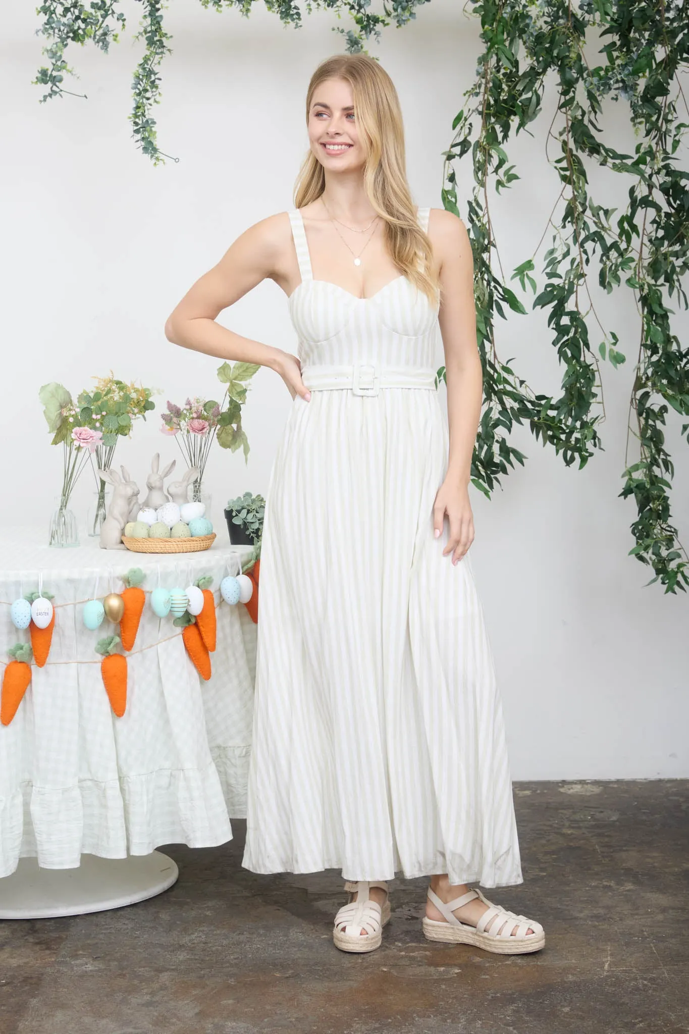 STRIPE SPAGHETTI STRAP CORSET BELTED MIDI DRESS sold by Blu Pepper product image thumbnail 4