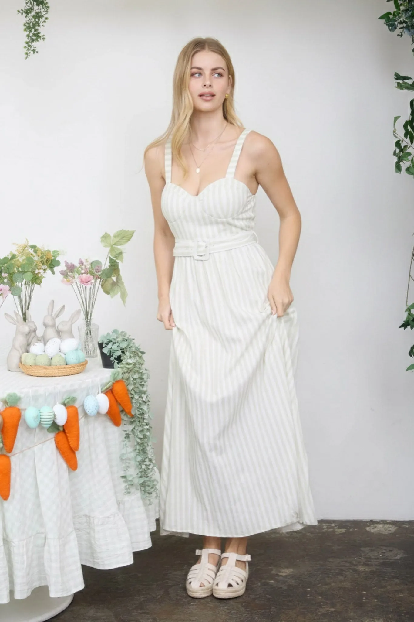 STRIPE SPAGHETTI STRAP CORSET BELTED MIDI DRESS sold by Blu Pepper