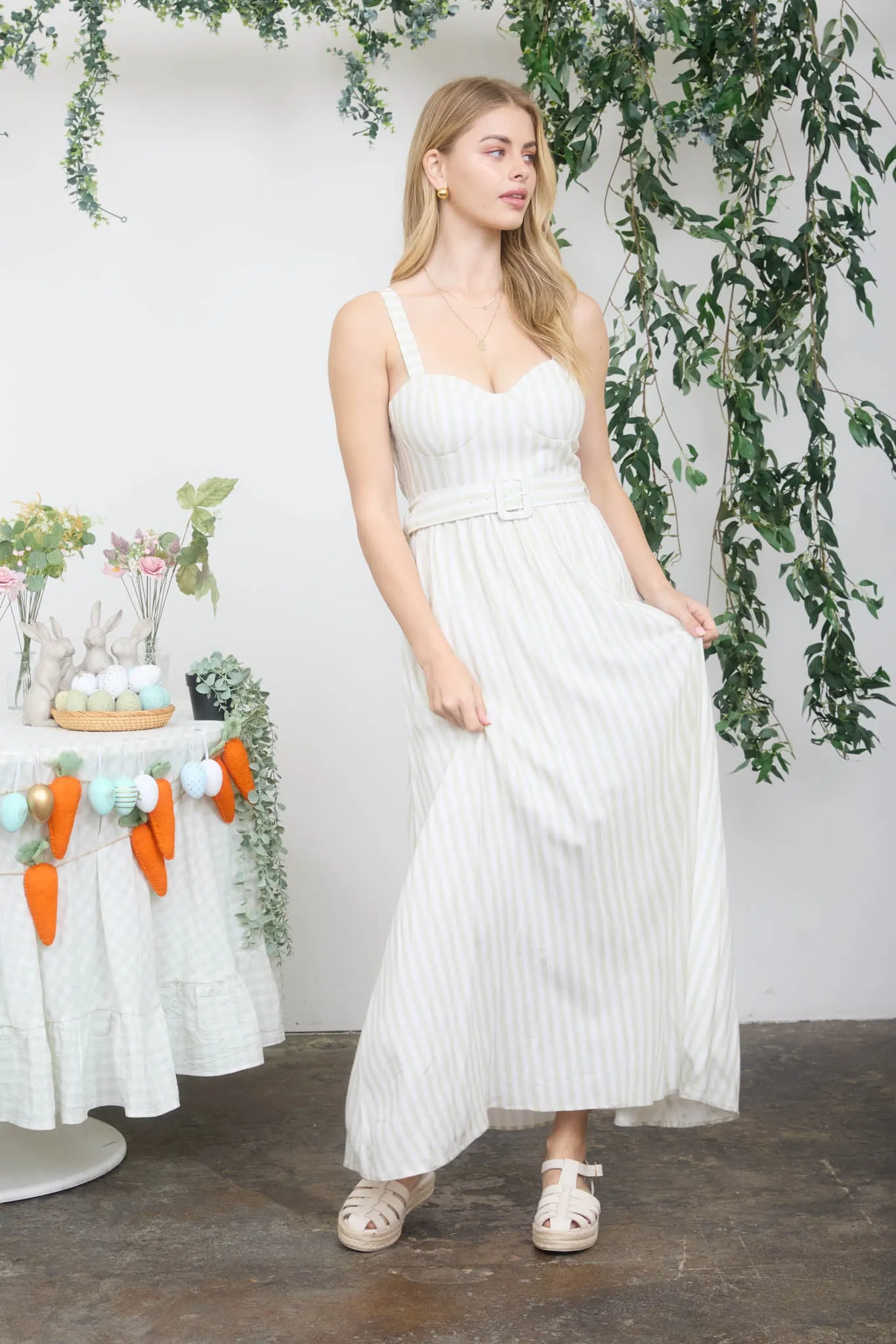 STRIPE SPAGHETTI STRAP CORSET BELTED MIDI DRESS sold by Blu Pepper product image thumbnail 5