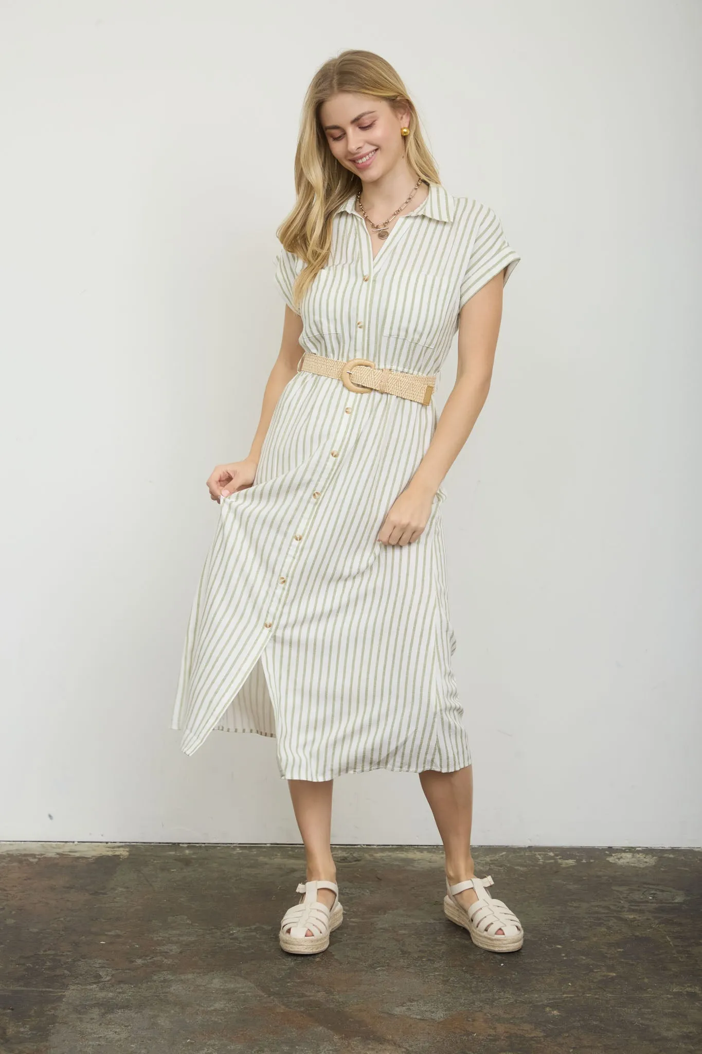 PLUS STRIPE COLLARED SHORT SLEEVE BELTED SHIRT DRESS sold by Blu Pepper product image thumbnail 5