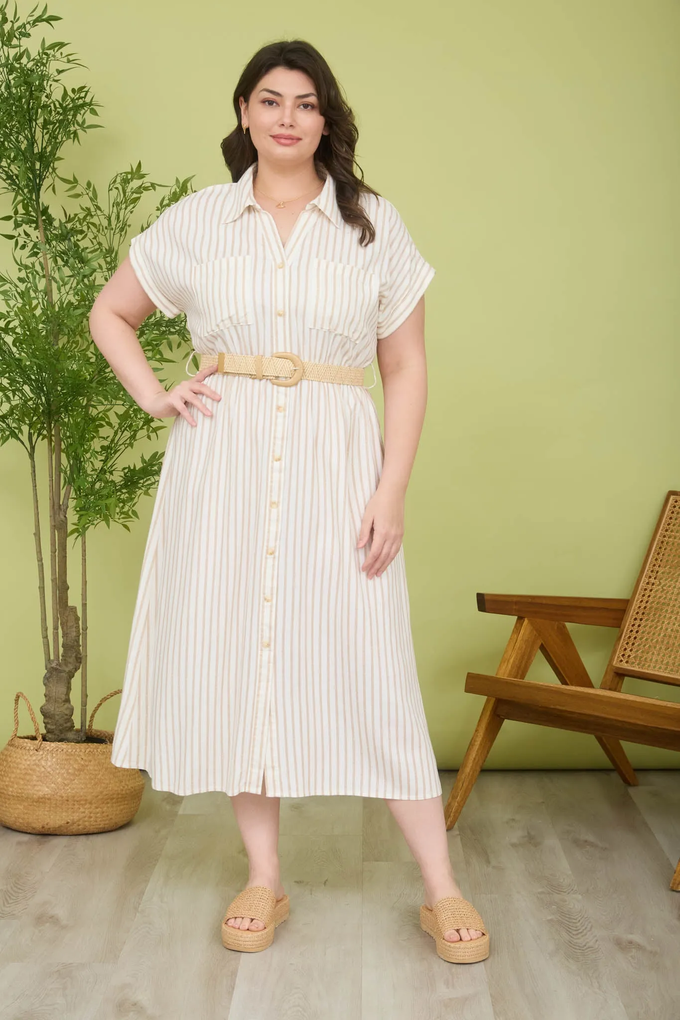 PLUS STRIPE COLLARED SHORT SLEEVE BELTED SHIRT DRESS sold by Blu Pepper