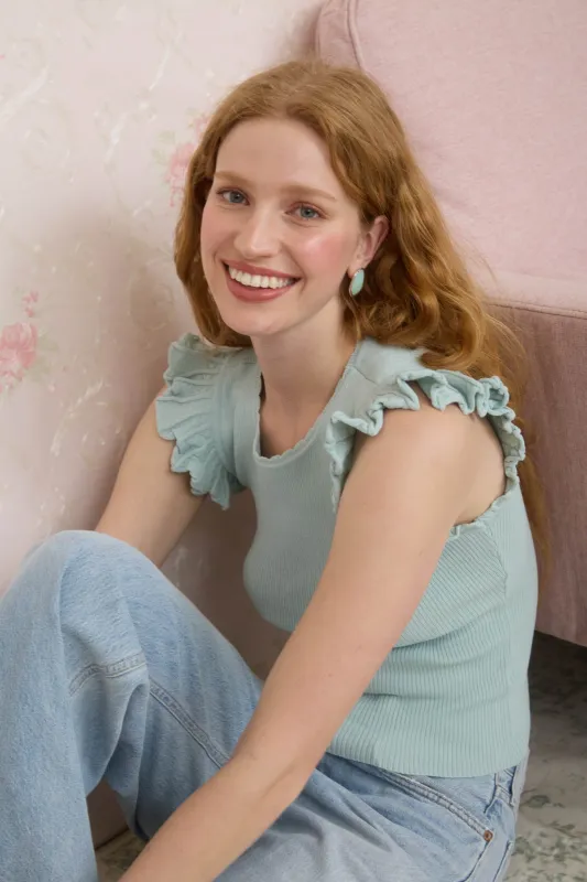 RUFFLE SLEEVE ROUND NECK SWEATER KNIT TOP made by Blu Pepper