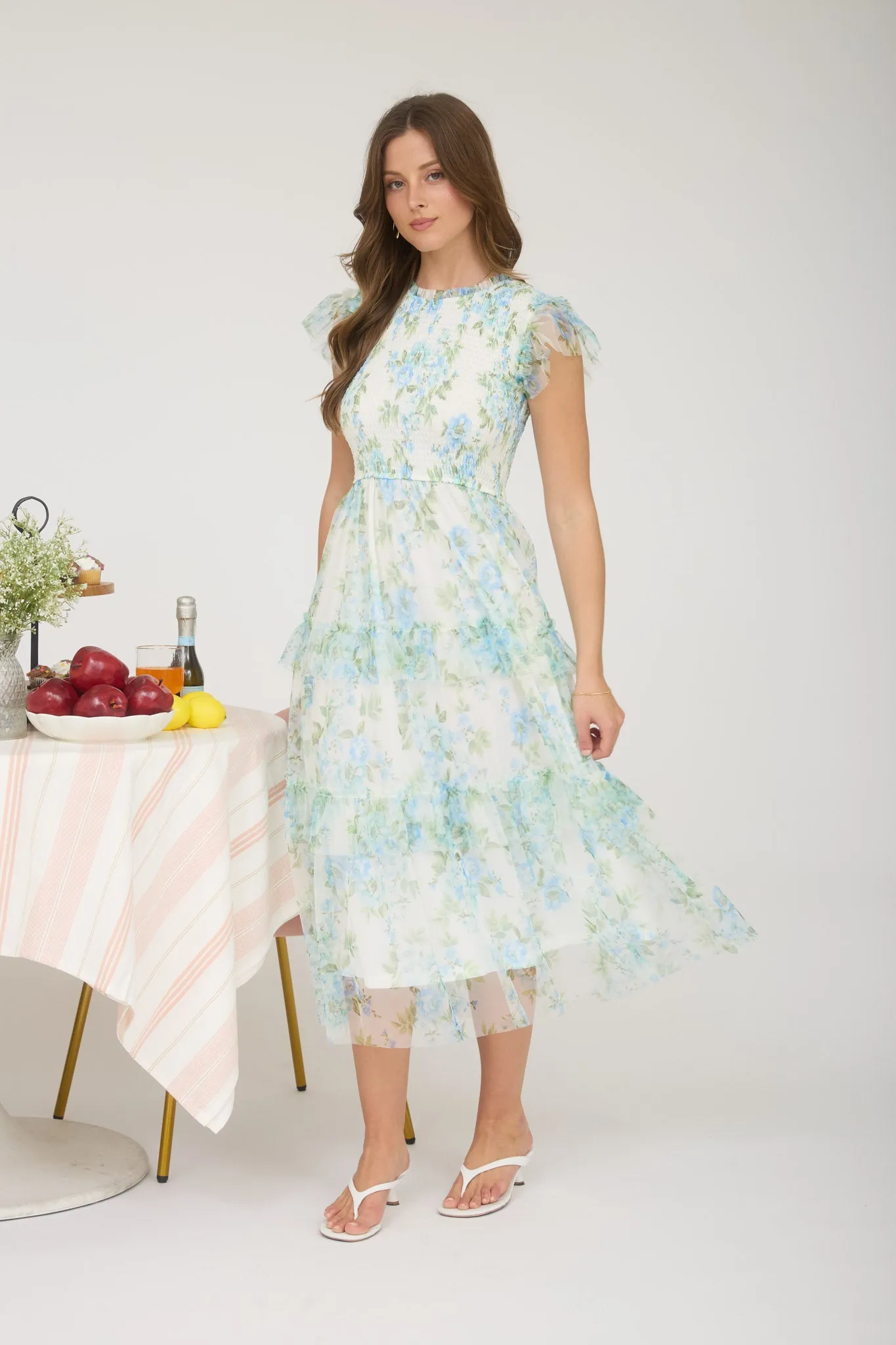 FLORAL TULLE PATTERN SMOCKED TIERED MIDI DRESS (PRE-ORDER) sold by Blu Pepper product image thumbnail 4