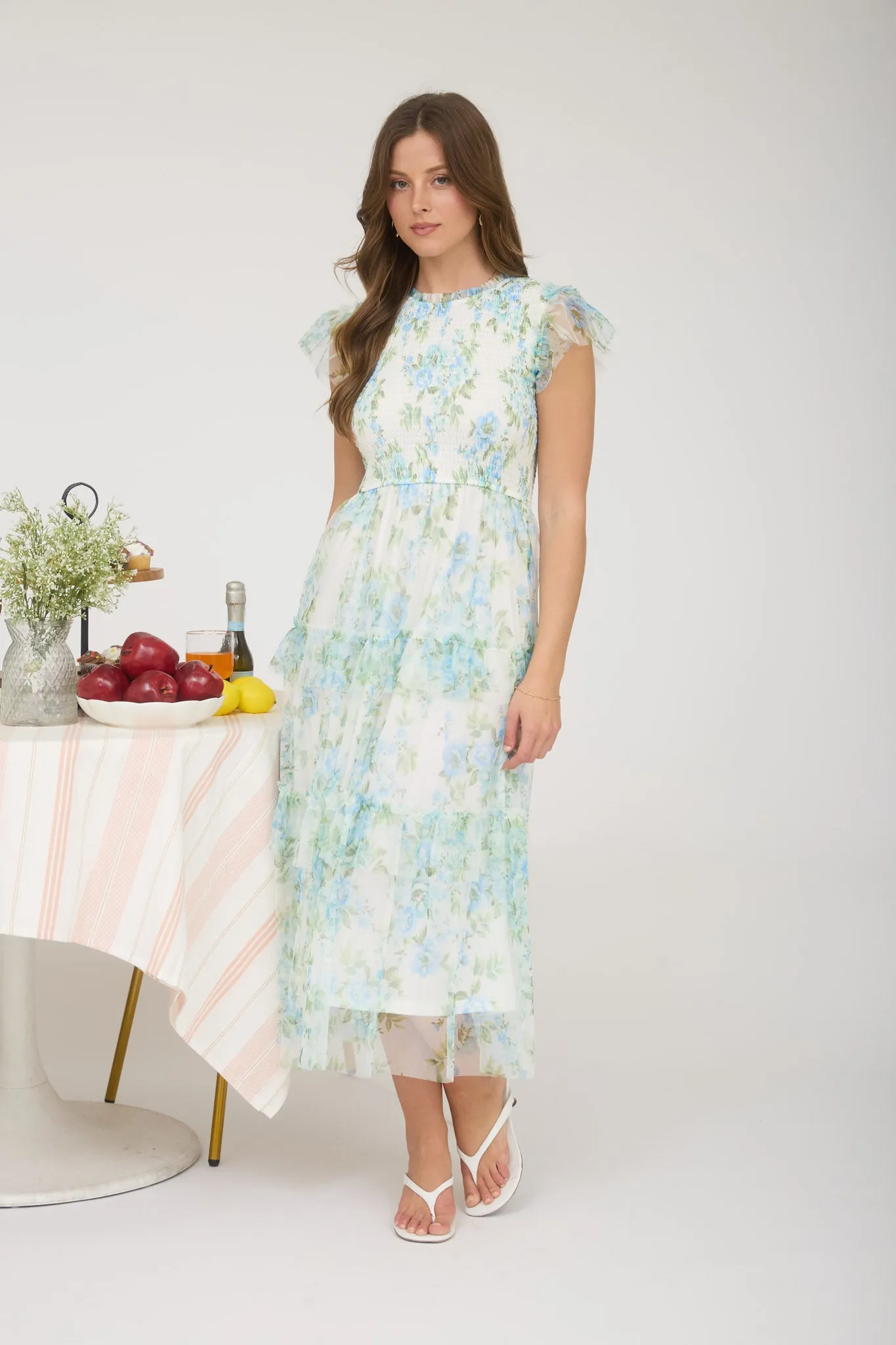 FLORAL TULLE PATTERN SMOCKED TIERED MIDI DRESS (PRE-ORDER) sold by Blu Pepper product image thumbnail 5
