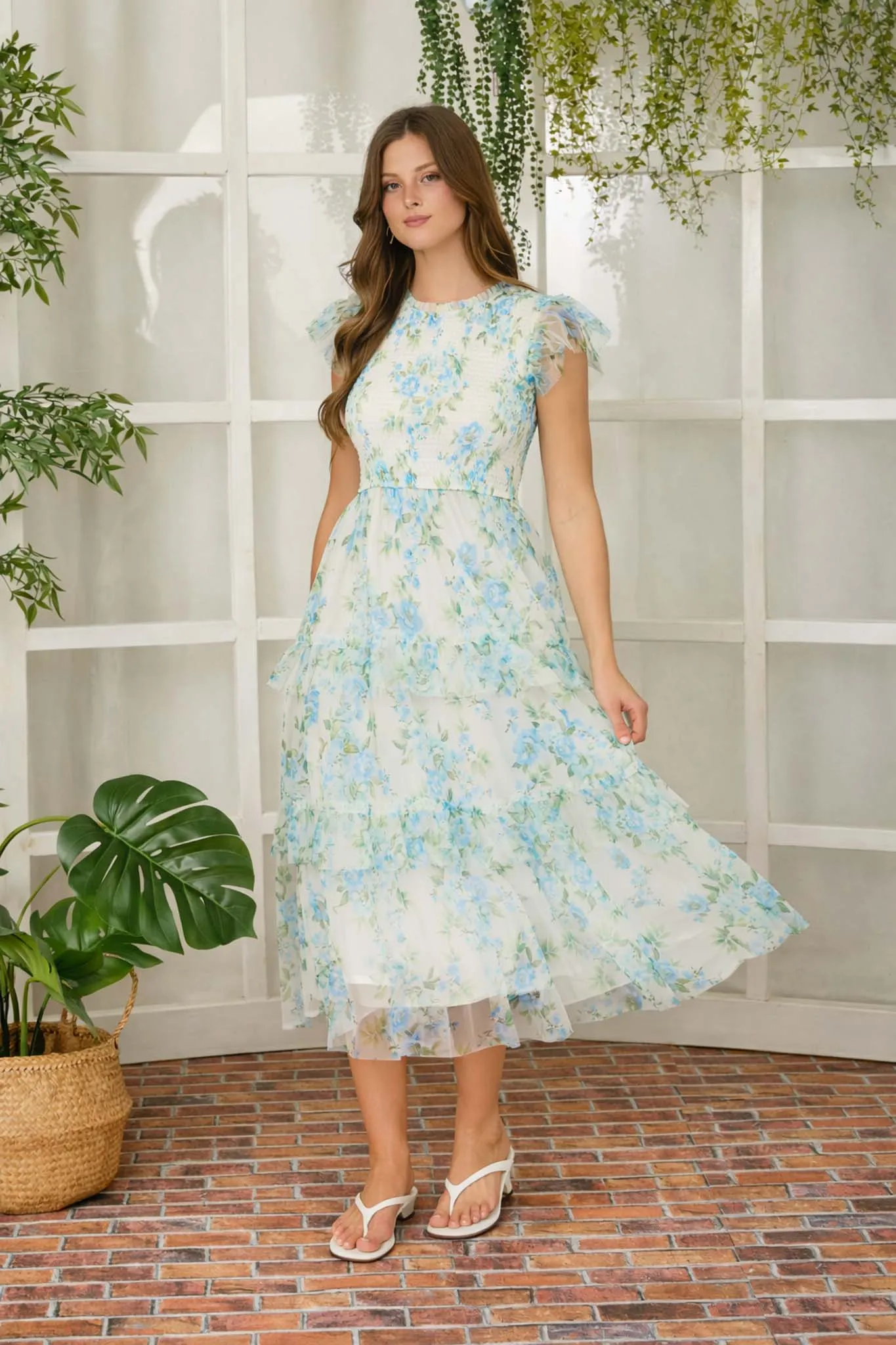 FLORAL TULLE PATTERN SMOCKED TIERED MIDI DRESS (PRE-ORDER) sold by Blu Pepper