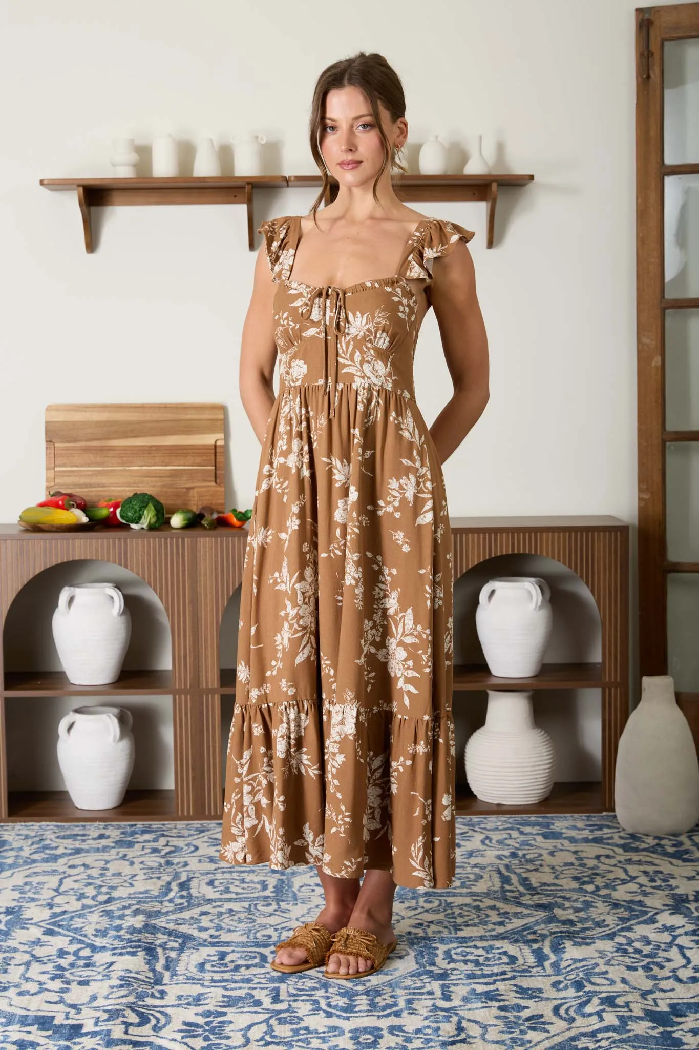 FLORAL FRONT TIE RUFFLE DETAIL CORSET MIDI DRESS sold by Blu Pepper product image thumbnail 5