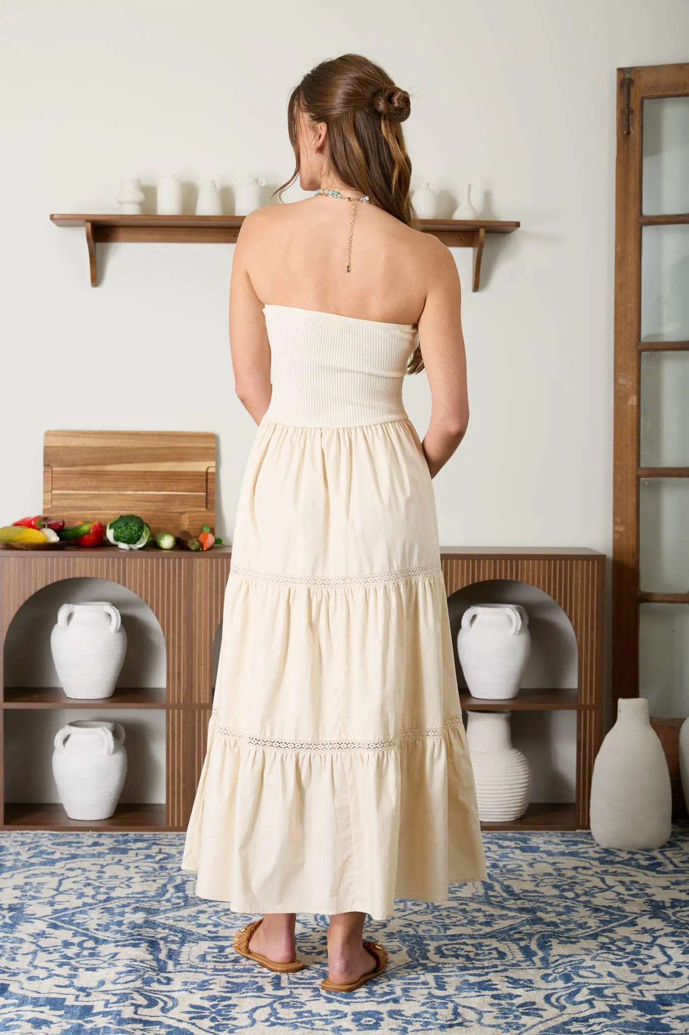 STRAPLESS MIXED MEDIA LINE LACE DETAIL MIDI DRESS sold by Blu Pepper product image thumbnail 2