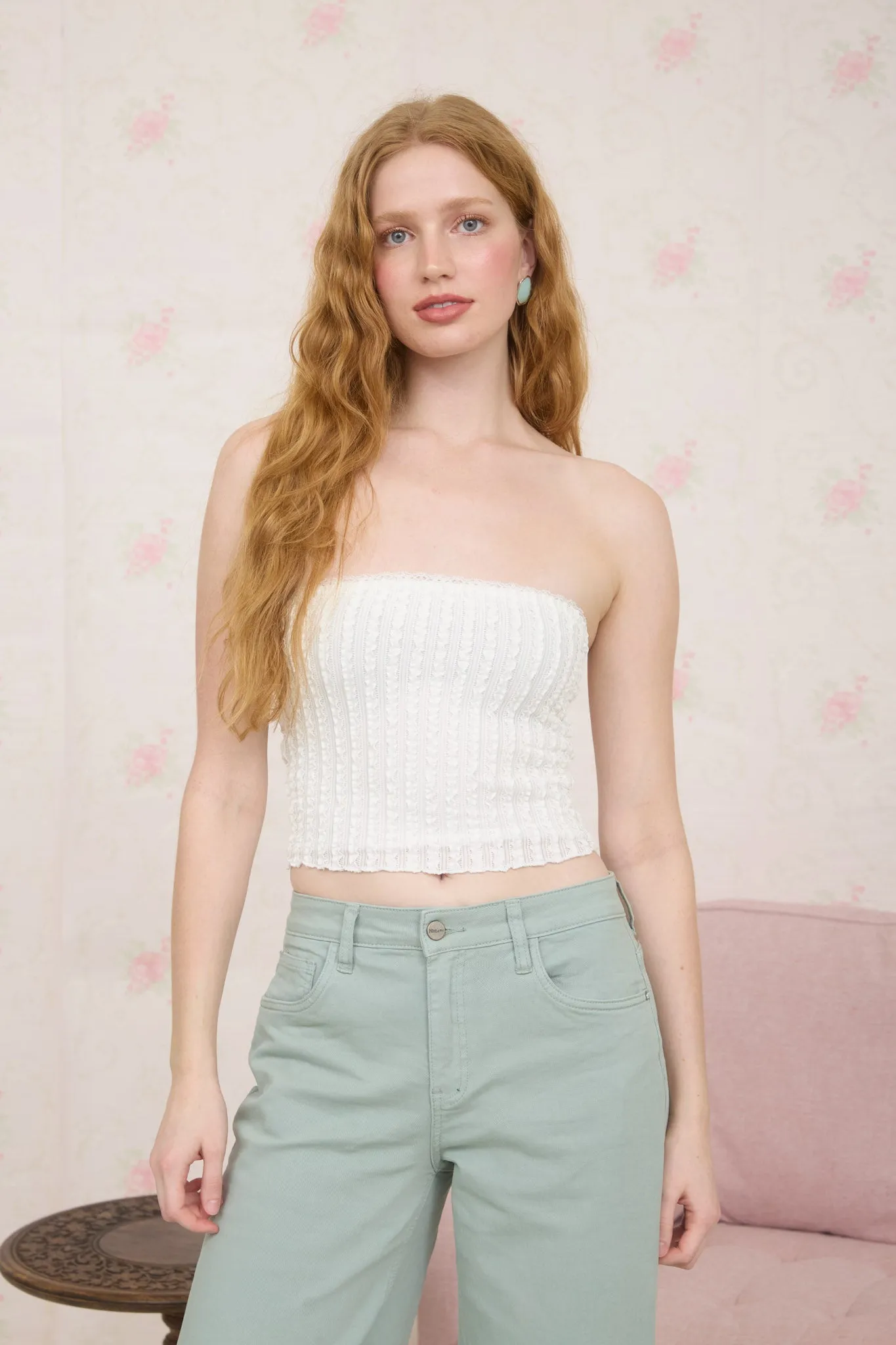 TEXTURED RIBBED LACE TRIM STRAPLESS KNIT TOP (PRE-ORDER) sold by Blu Pepper product image thumbnail 4