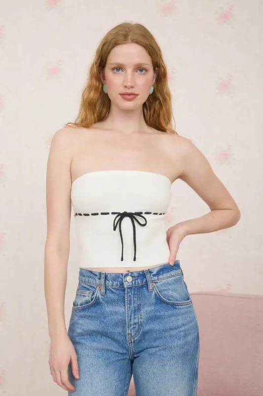 CONTRAST TIE WAIST DETAIL RIBBED TUBE TOP made by Blu Pepper