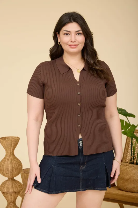 PLUS COLLARED SHORT SLEEVE RIBBED SWEATER KNIT TOP made by Blu Pepper