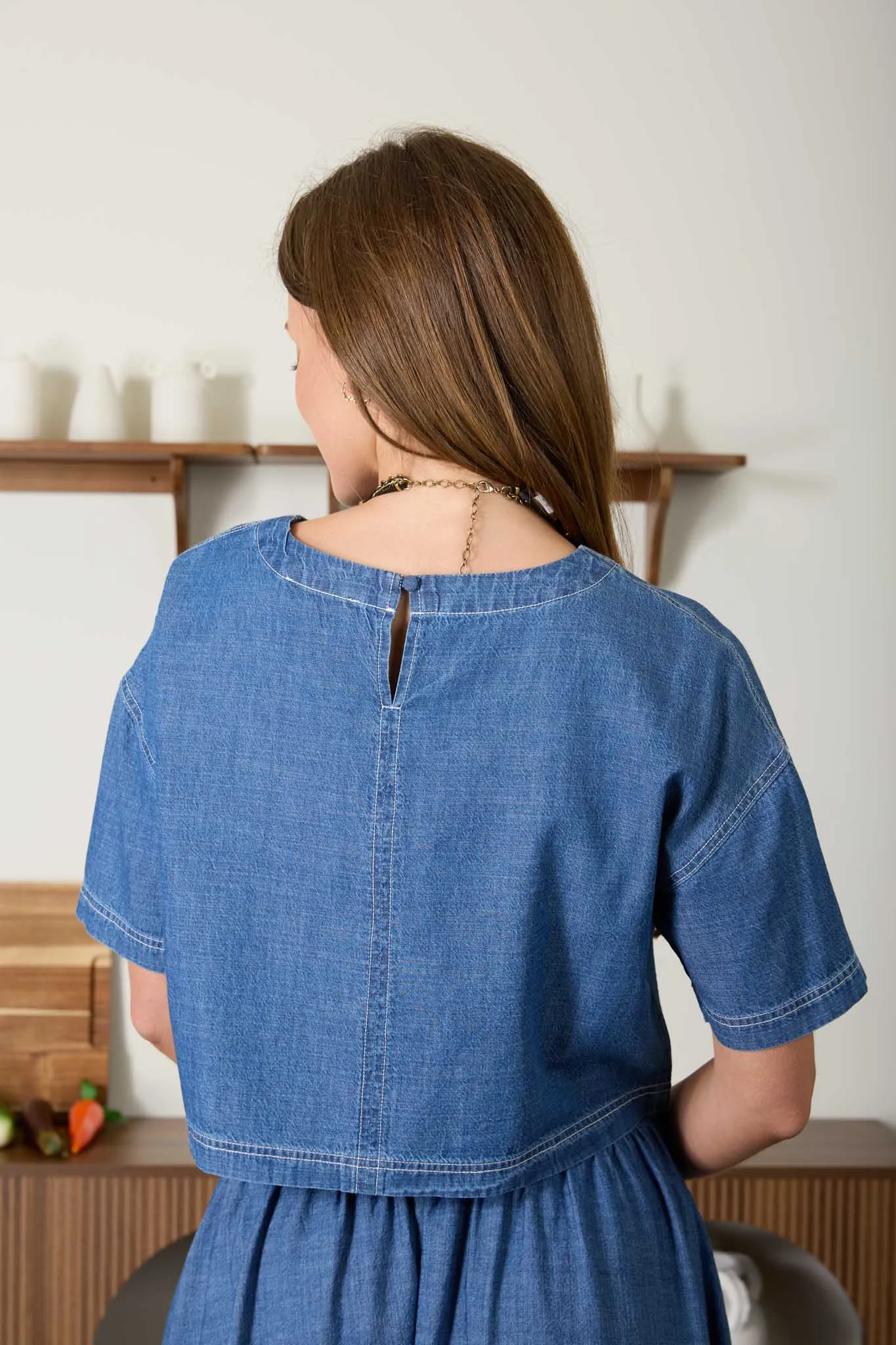 ROUND NECK SHORT SLEEVE CROPPED DENIM TOP (PRE-ORDER) sold by Blu Pepper product image thumbnail 2