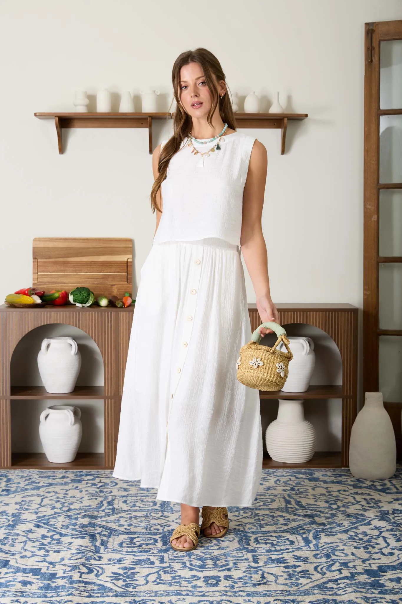 TEXTURED FRONT BUTTON DETAIL MIDI SKIRT (PRE-ORDER) sold by Blu Pepper product image thumbnail 4