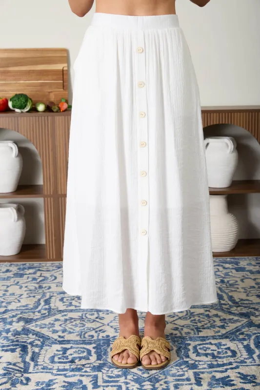 TEXTURED FRONT BUTTON DETAIL MIDI SKIRT (PRE-ORDER) made by Blu Pepper