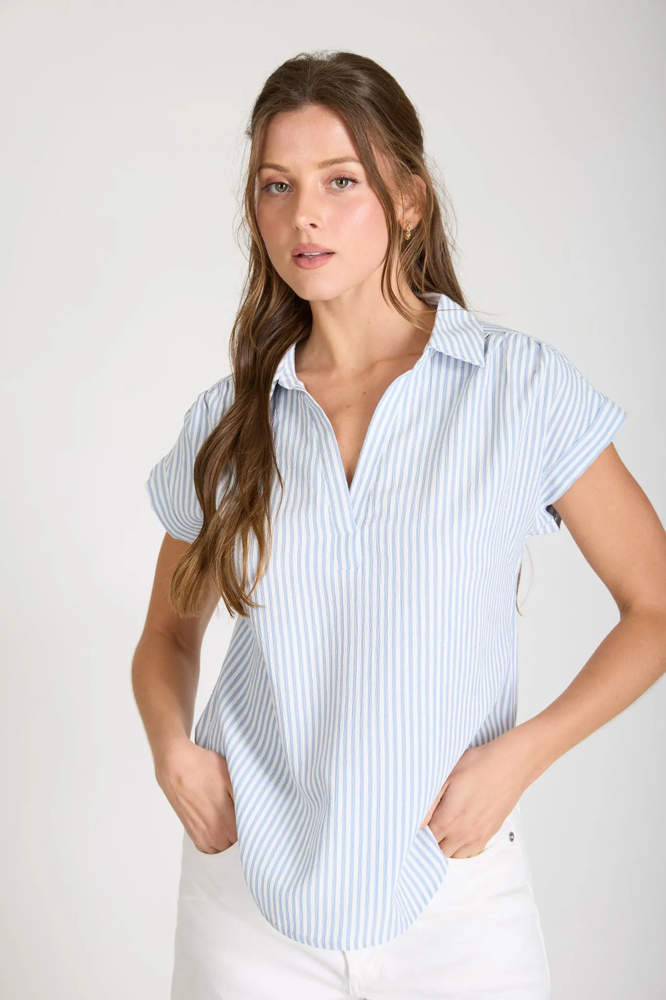 PLUS STRIPE COLLARED V NECK CUFF SLEEVE SHIRT (PRE-ORDER) sold by Blu Pepper product image thumbnail 5