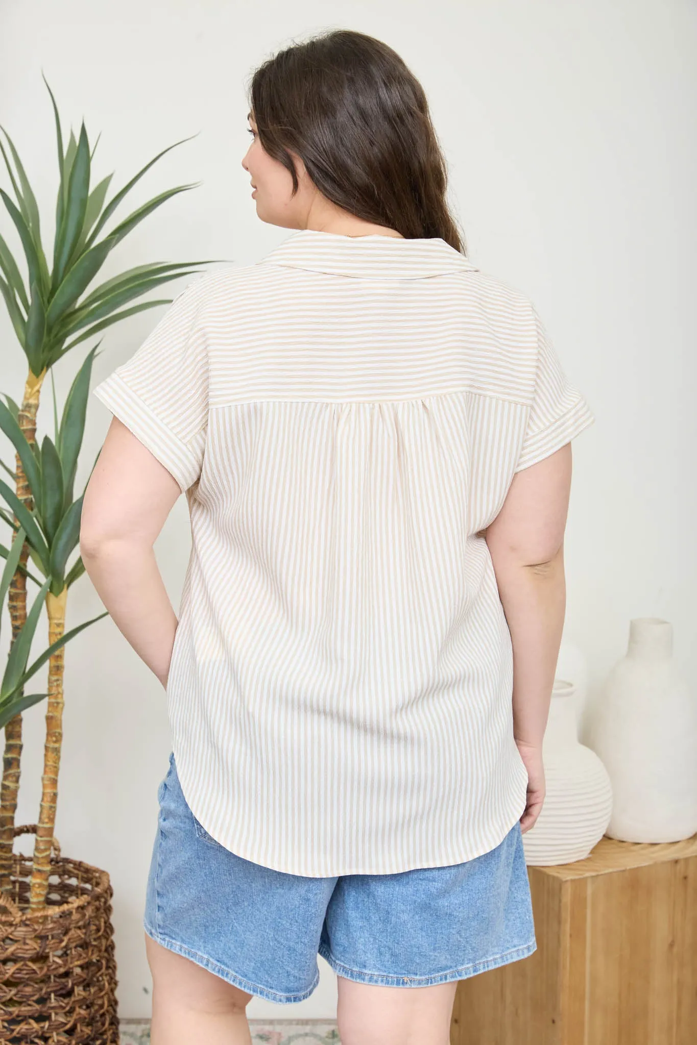 PLUS STRIPE COLLARED V NECK CUFF SLEEVE SHIRT (PRE-ORDER) sold by Blu Pepper product image thumbnail 2