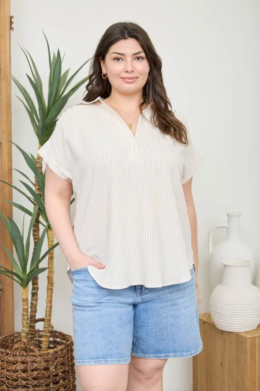 PLUS STRIPE COLLARED V NECK CUFF SLEEVE SHIRT (PRE-ORDER) sold by Blu Pepper