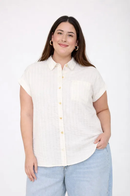 PLUS STRIPE EXTENDED SHOULDER COLLARED SHIRT (PRE-ORDER) sold by Blu Pepper