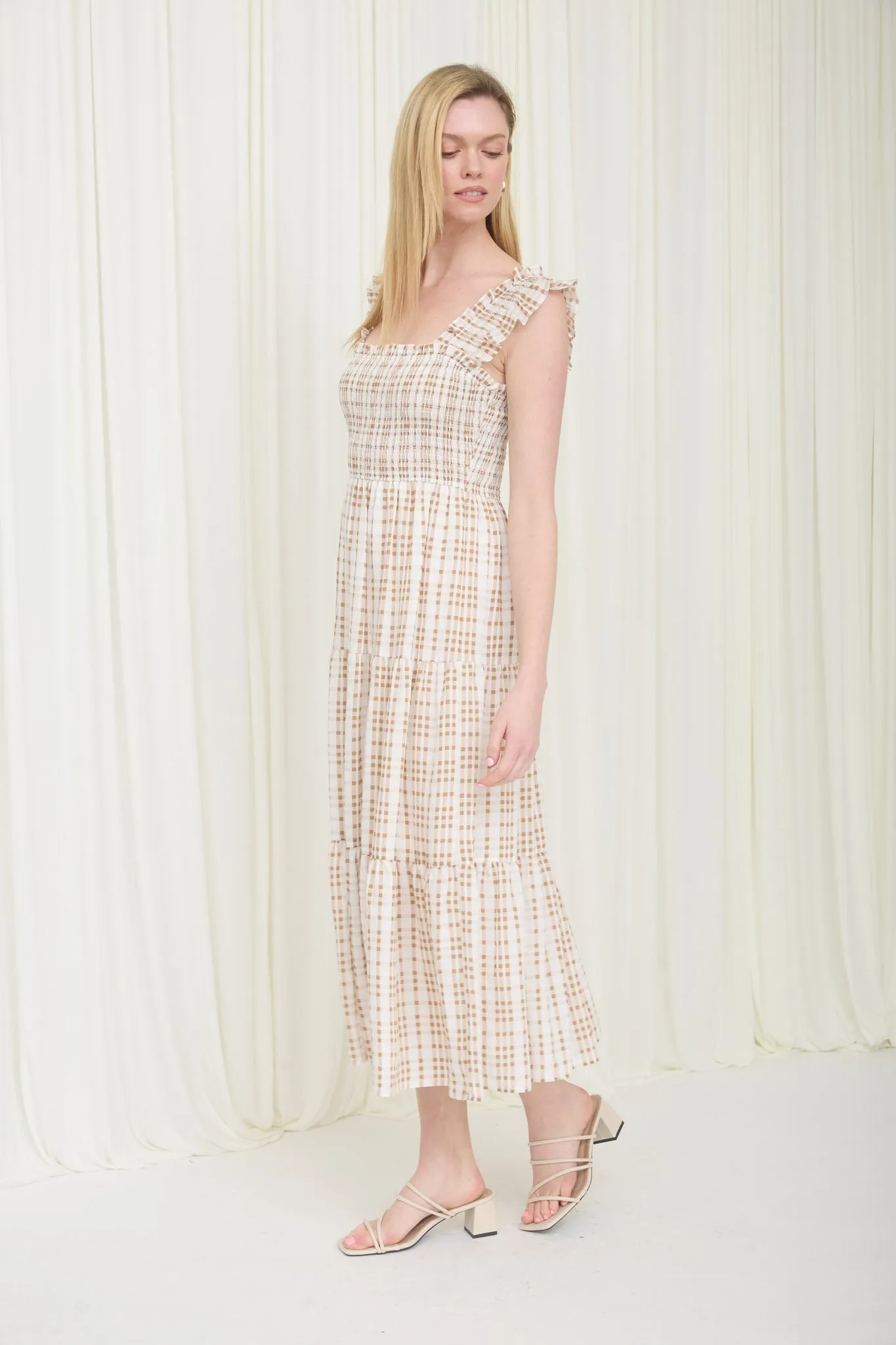 PLAID SMOCKED RUFFLE STRAP TIERED MIDI DRESS (PRE-ORDER) sold by Blu Pepper product image thumbnail 3