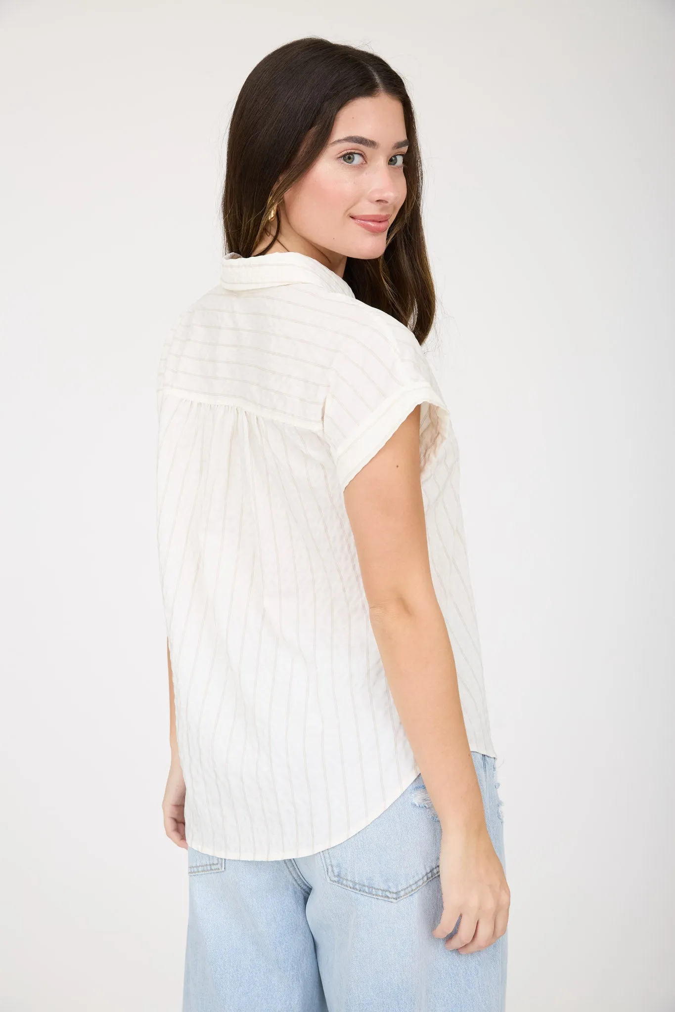 STRIPE EXTENDED SHOULDER COLLARED SHIRT (PRE-ORDER) sold by Blu Pepper product image thumbnail 2