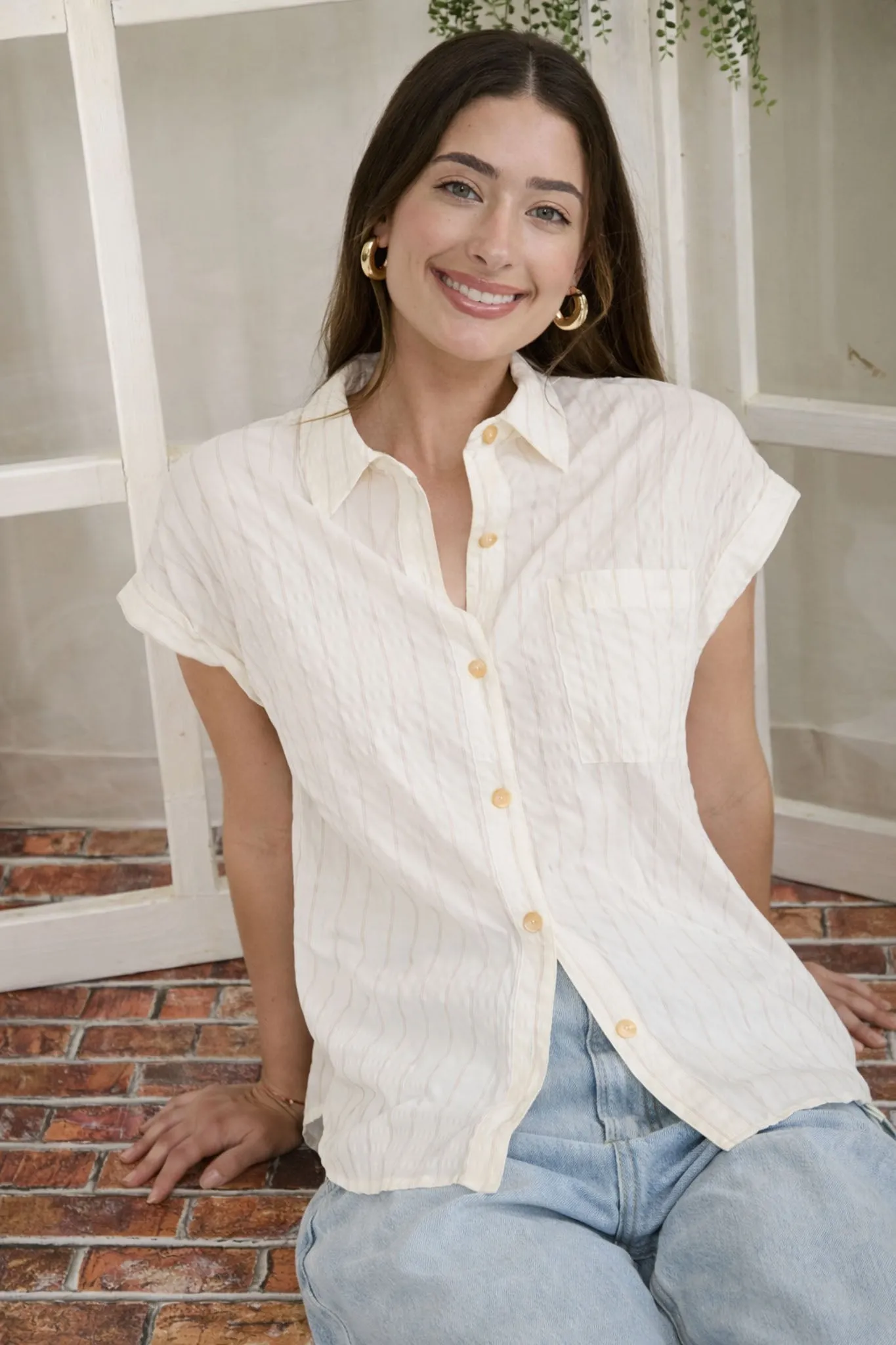 STRIPE EXTENDED SHOULDER COLLARED SHIRT (PRE-ORDER) sold by Blu Pepper