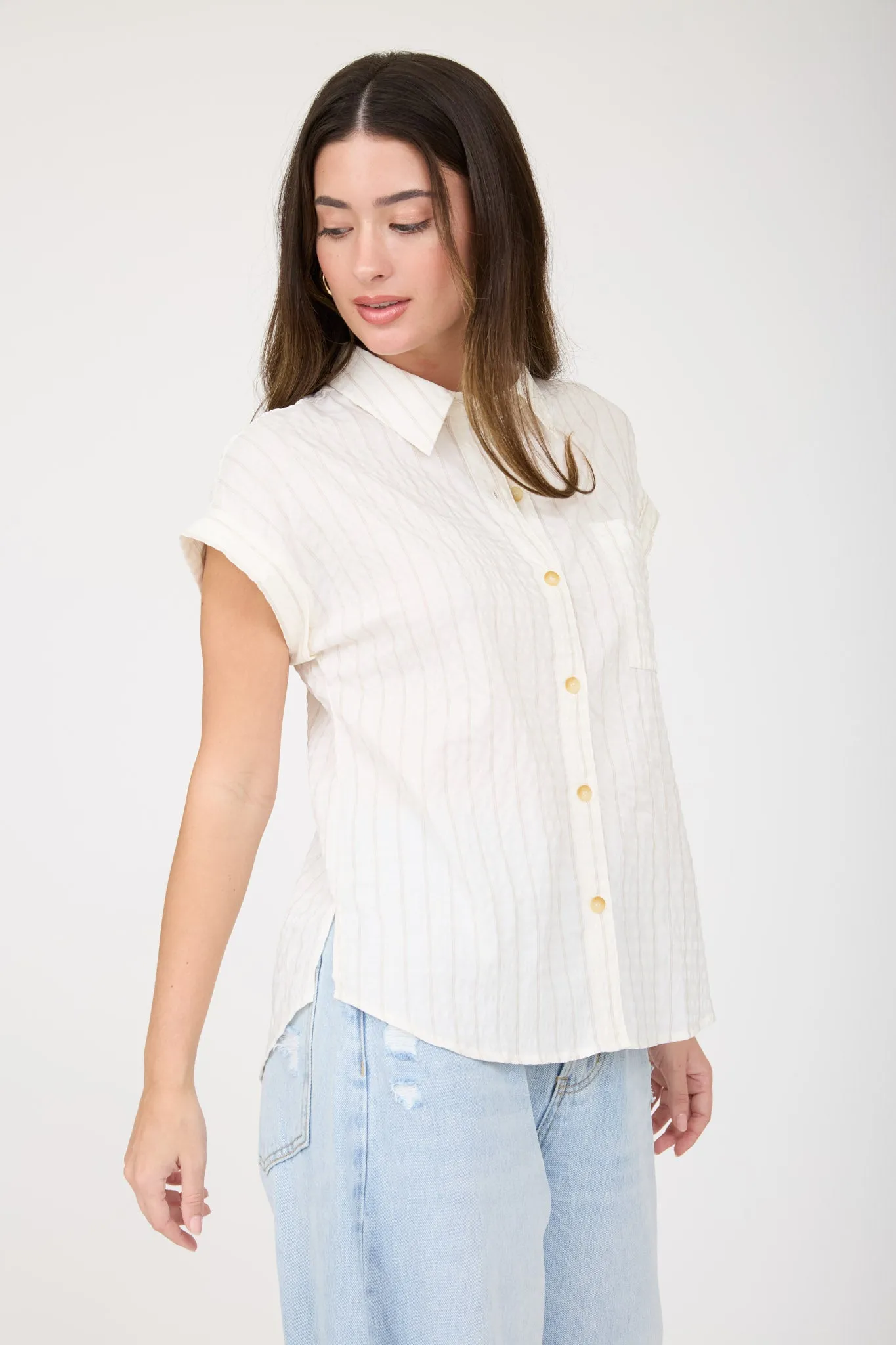 STRIPE EXTENDED SHOULDER COLLARED SHIRT (PRE-ORDER) sold by Blu Pepper product image thumbnail 3