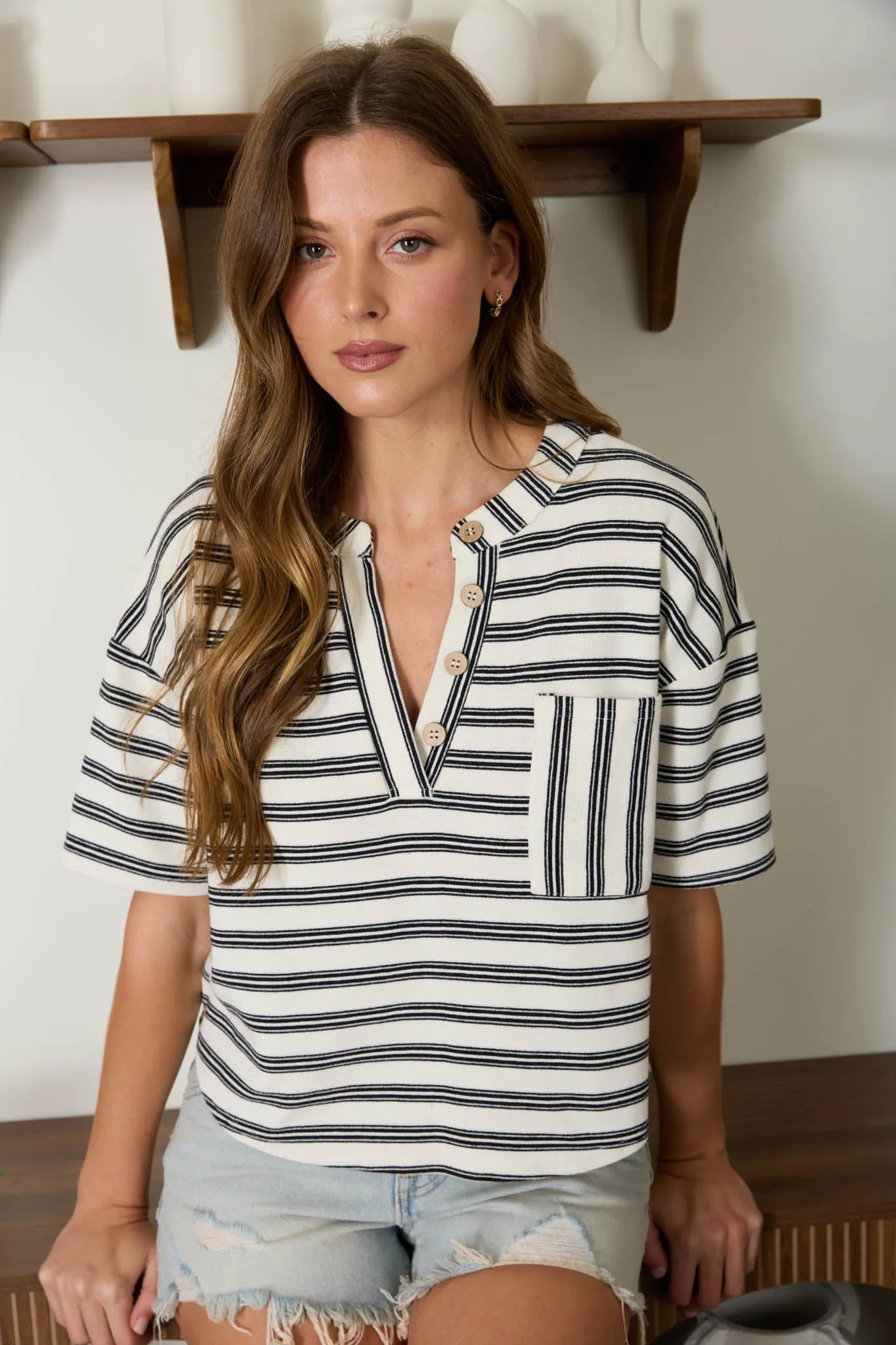STRIPE SHORT SLEEVE BOXY HENLEY KNIT TOP sold by Blu Pepper product image thumbnail 4