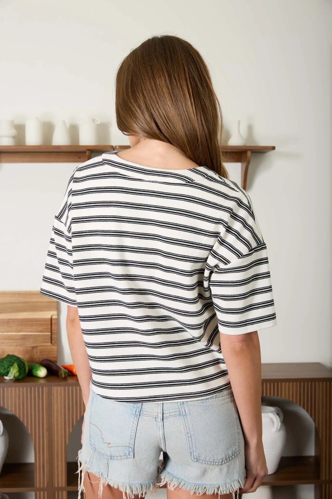 STRIPE SHORT SLEEVE BOXY HENLEY KNIT TOP sold by Blu Pepper product image thumbnail 2