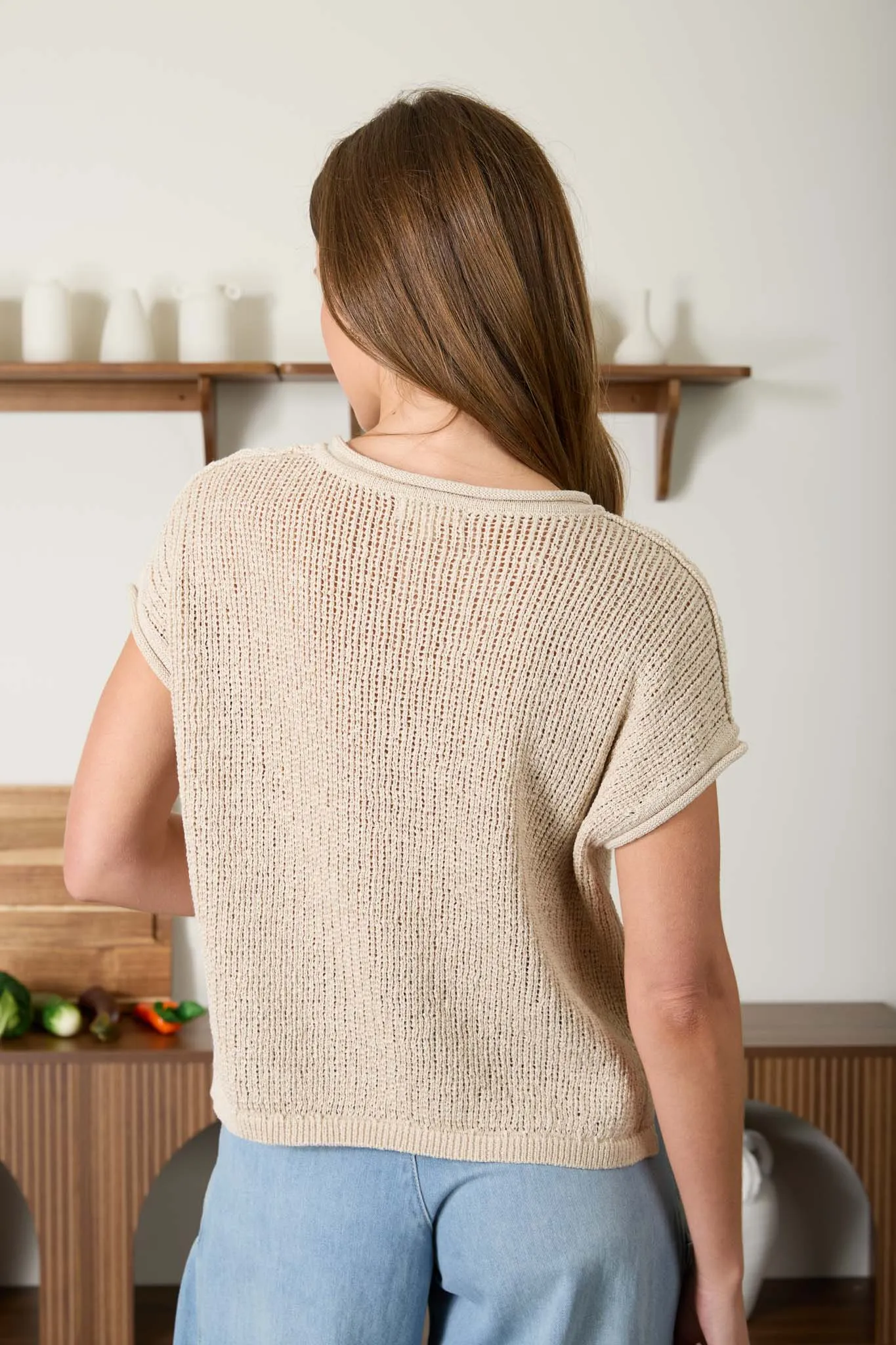 SPLIT NECK RAW EDGE SHORT SLEEVE SHEER KNIT TOP sold by Blu Pepper product image thumbnail 2