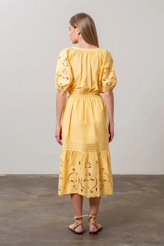 EYELET DETAIL WAIST TIE MIDI DRESS made by Moon River
