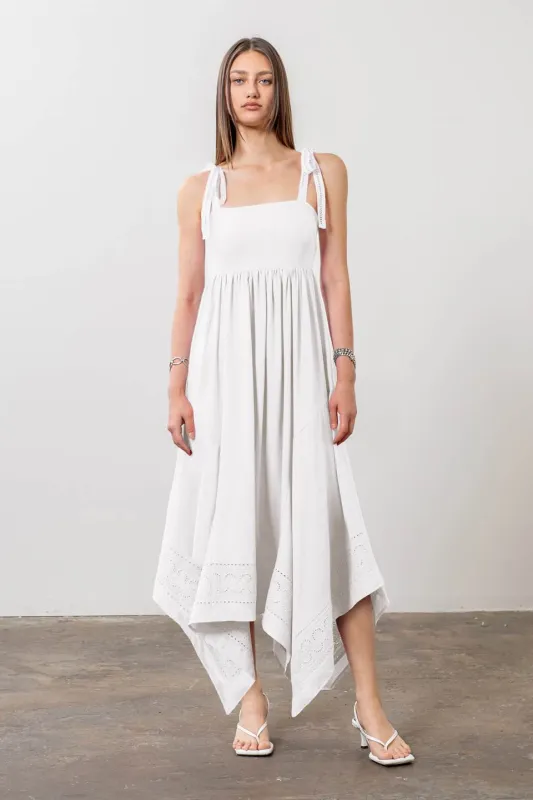 SLEEVELESS HANDKERCHIEF EMBROIDERED MIDI DRESS made by Moon River
