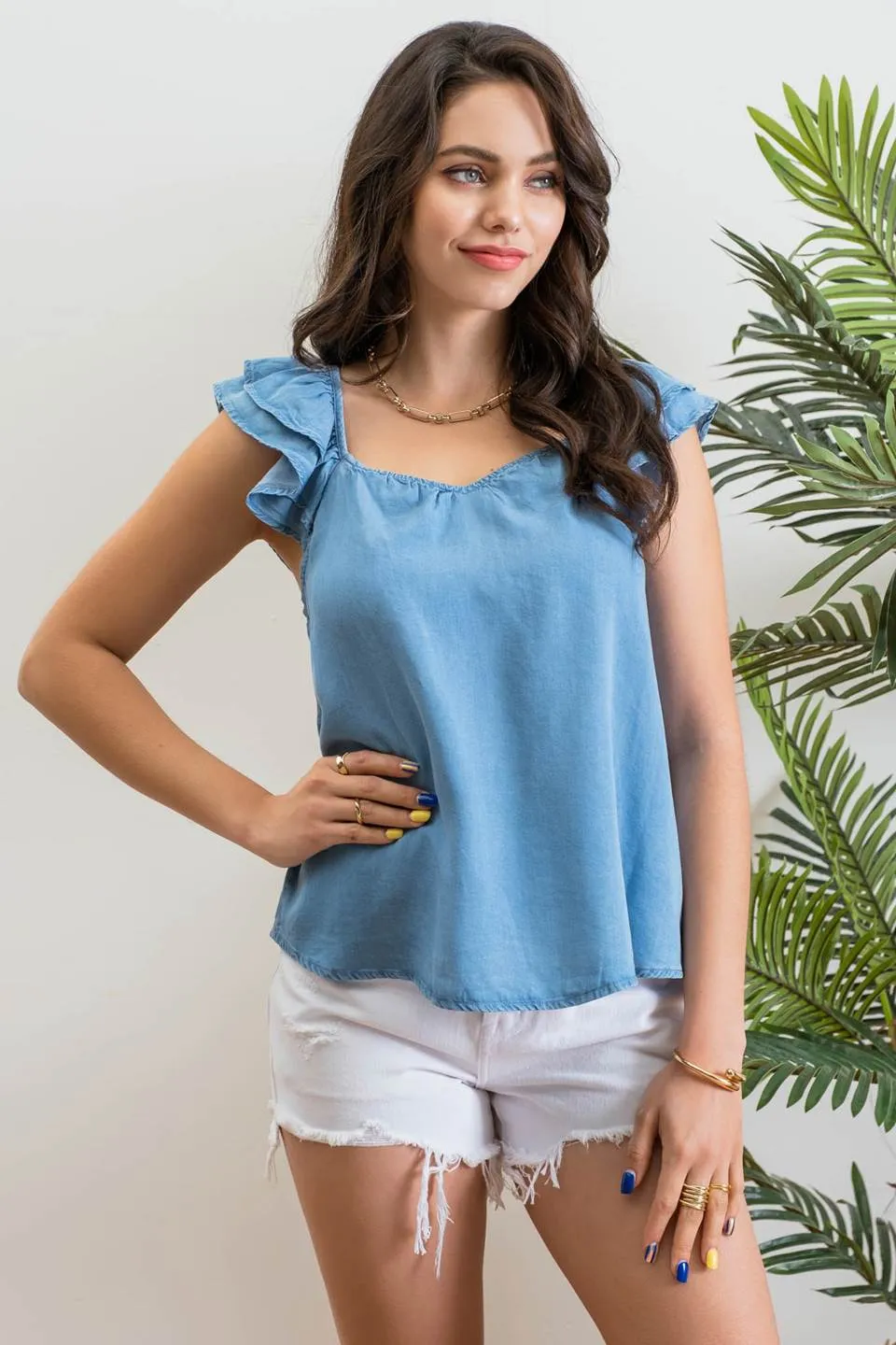 CHAMBRAY RUFFLE SLEEVE TOP sold by Blu Pepper product image thumbnail 4