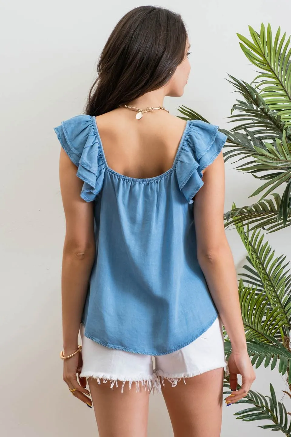 CHAMBRAY RUFFLE SLEEVE TOP sold by Blu Pepper product image thumbnail 5