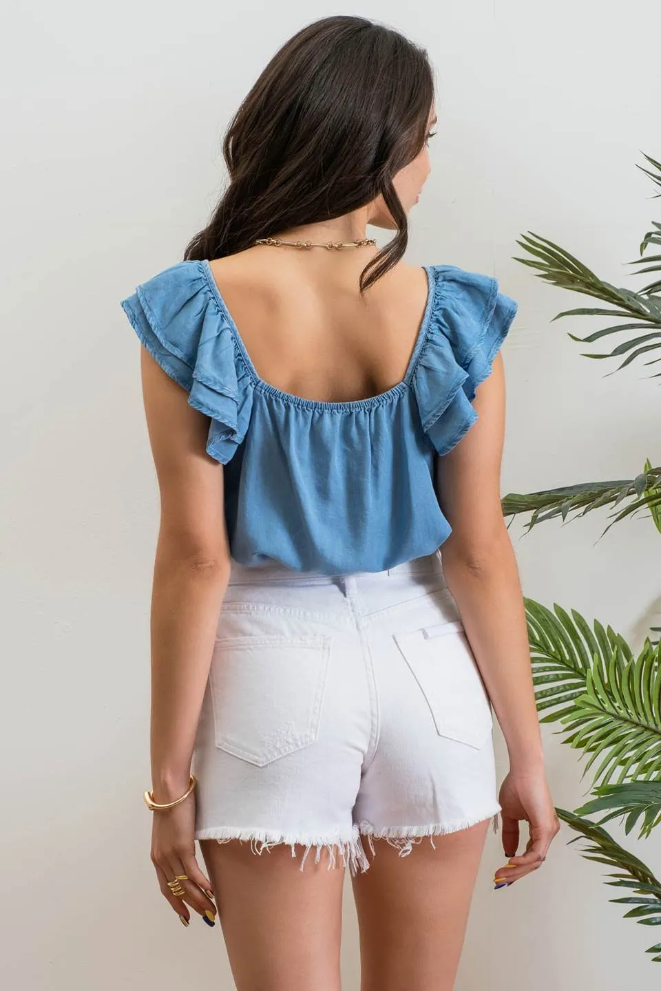 CHAMBRAY RUFFLE SLEEVE TOP sold by Blu Pepper product image thumbnail 2