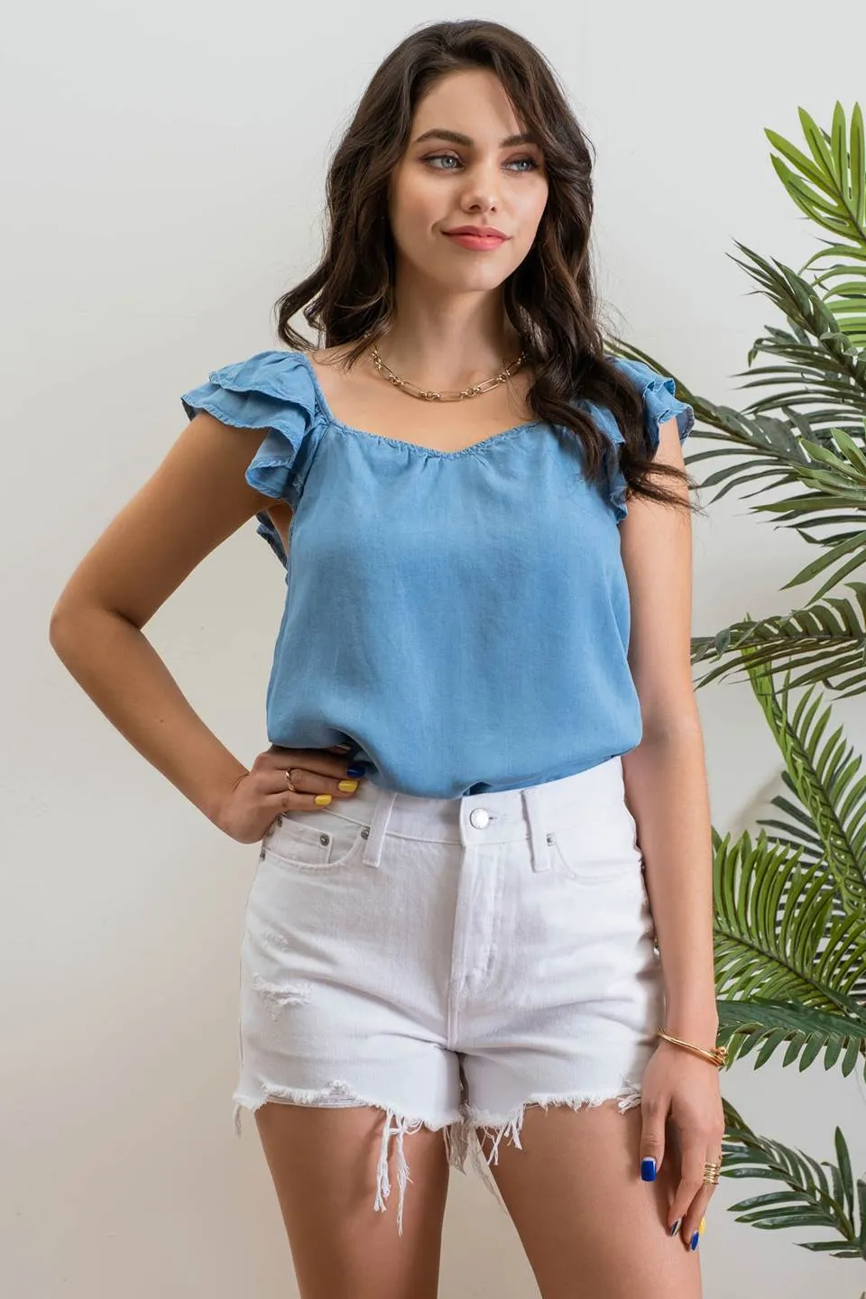 CHAMBRAY RUFFLE SLEEVE TOP sold by Blu Pepper product image thumbnail 3