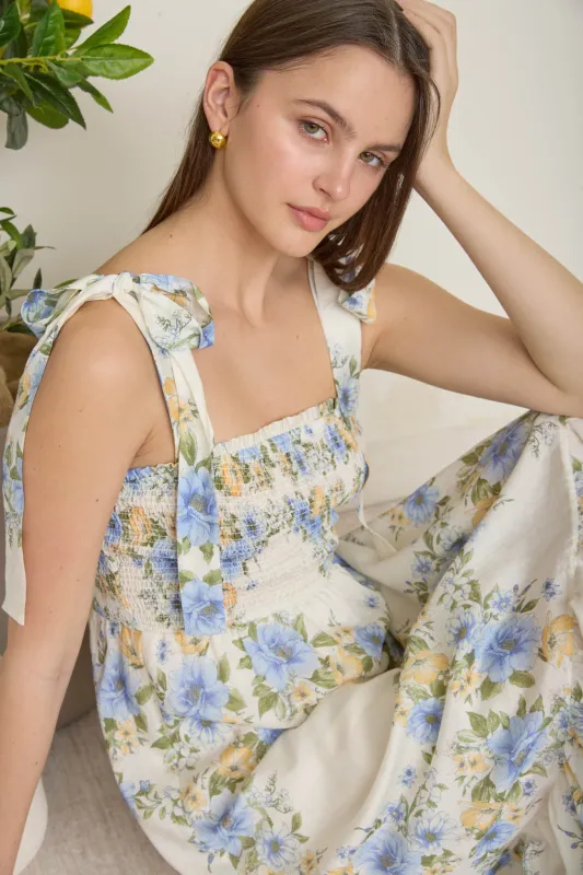 FLORAL TIE STRAP SMOCKED BORDER PRINT MIDI DRESS (PRE-ORDER) sold by Blu Pepper