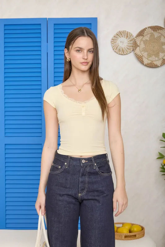 LACE TRIM HENLEY SHORT SLEEVE KNIT TOP sold by Blu Pepper