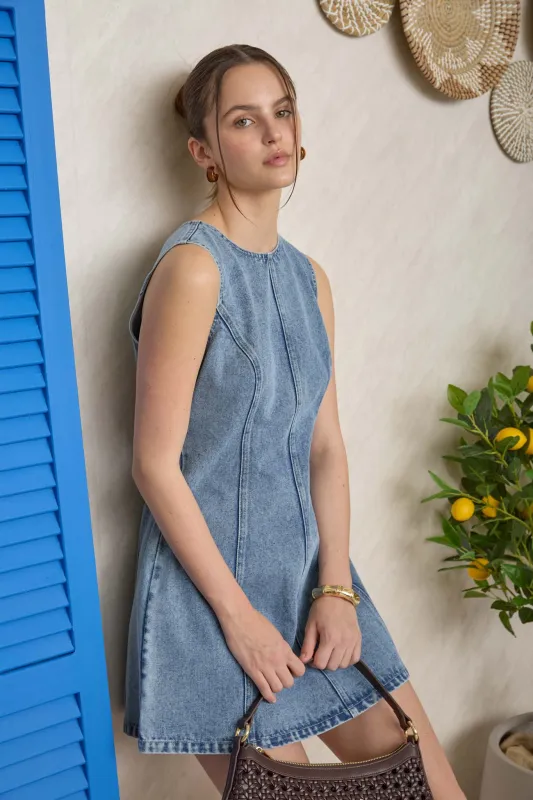 ROUND NECK SLEEVELESS DENIM MINI DRESS sold by Blu Pepper