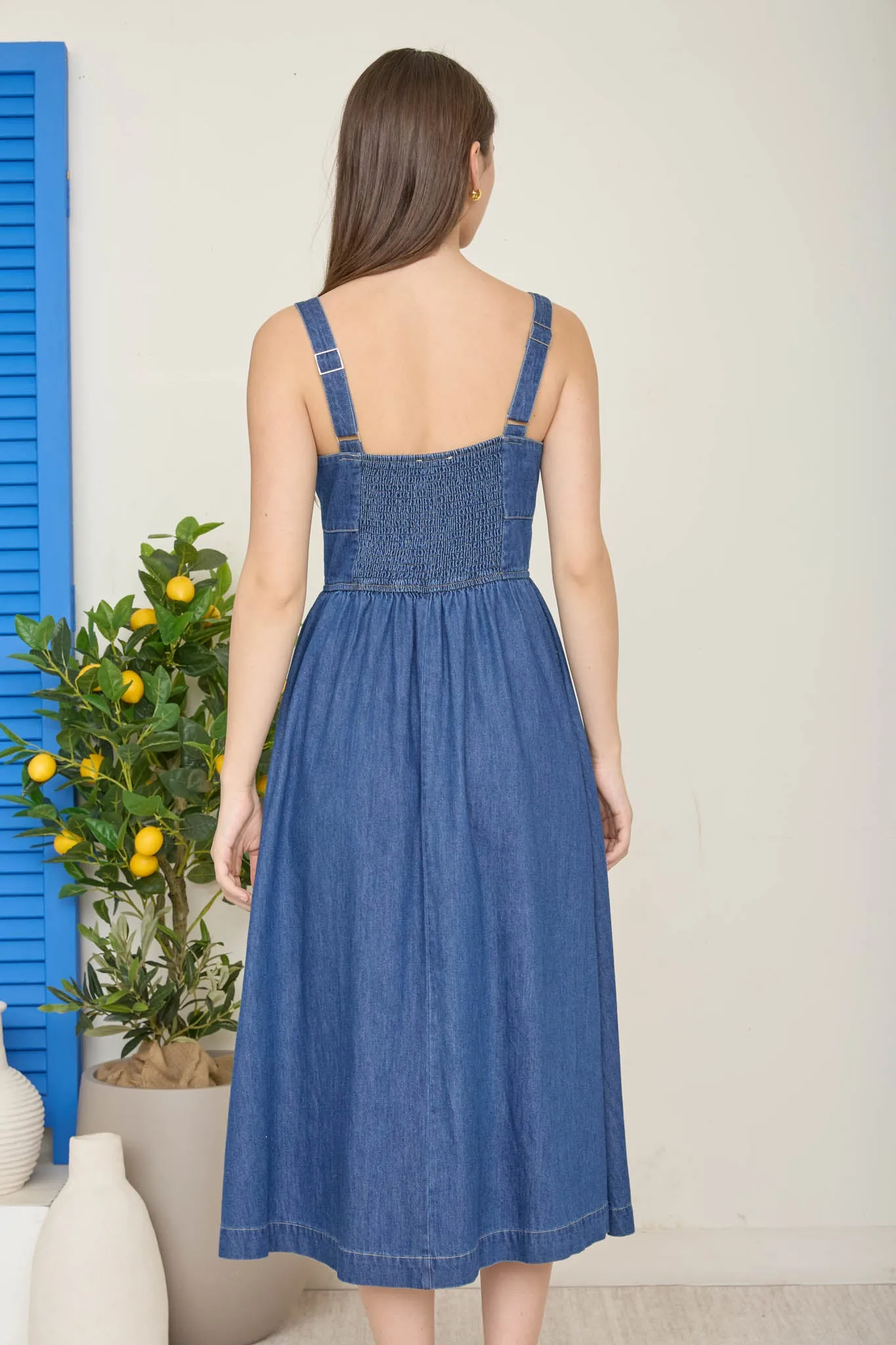FRONT LACE-UP SLEEVELESS DENIM MIDI DRESS sold by Blu Pepper product image thumbnail 2