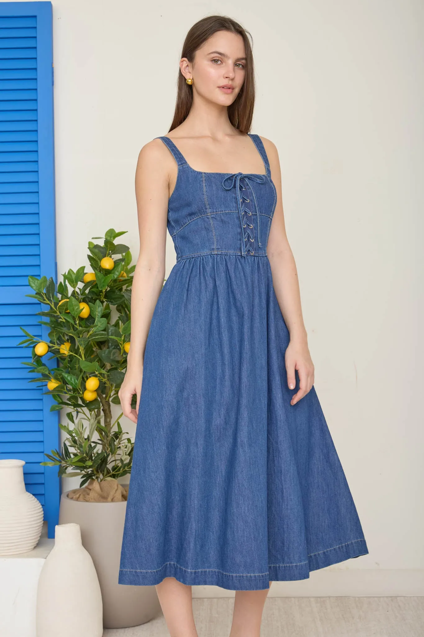 FRONT LACE-UP SLEEVELESS DENIM MIDI DRESS sold by Blu Pepper product image thumbnail 3