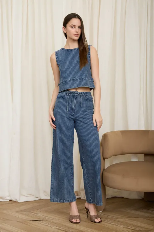 STRIPE WASHED DENIM SLEEVELESS SIDE TIE CROP TOP made by Blu Pepper