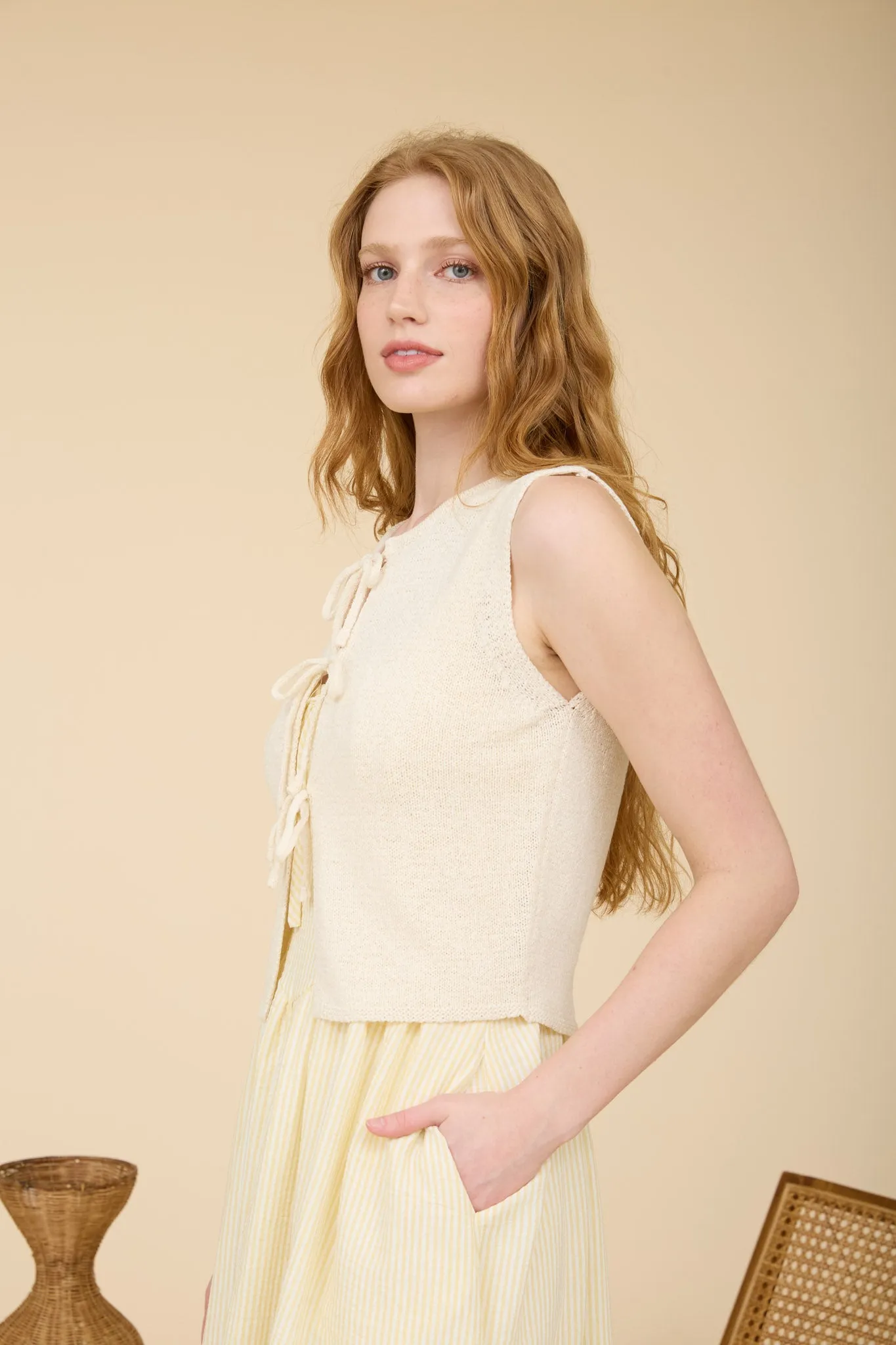 RAW EDGE FRONT TIE SLEEVELESS KNIT CARDIGAN sold by Blu Pepper product image thumbnail 3