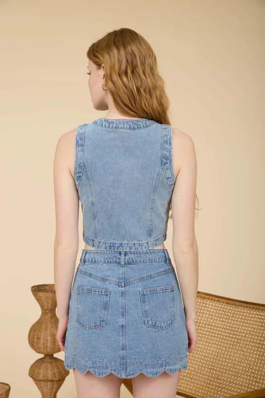BUTTON DOWN SCALLOPED SLEEVELESS WASHED DENIM TOP made by Blu Pepper