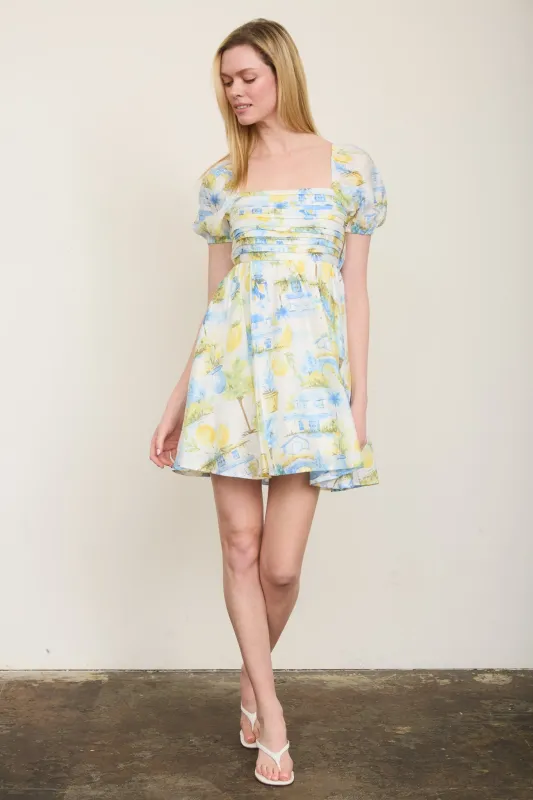 LEMON PRINT PLEATED SHORT PUFF SLEEVE MINI DRESS made by mine