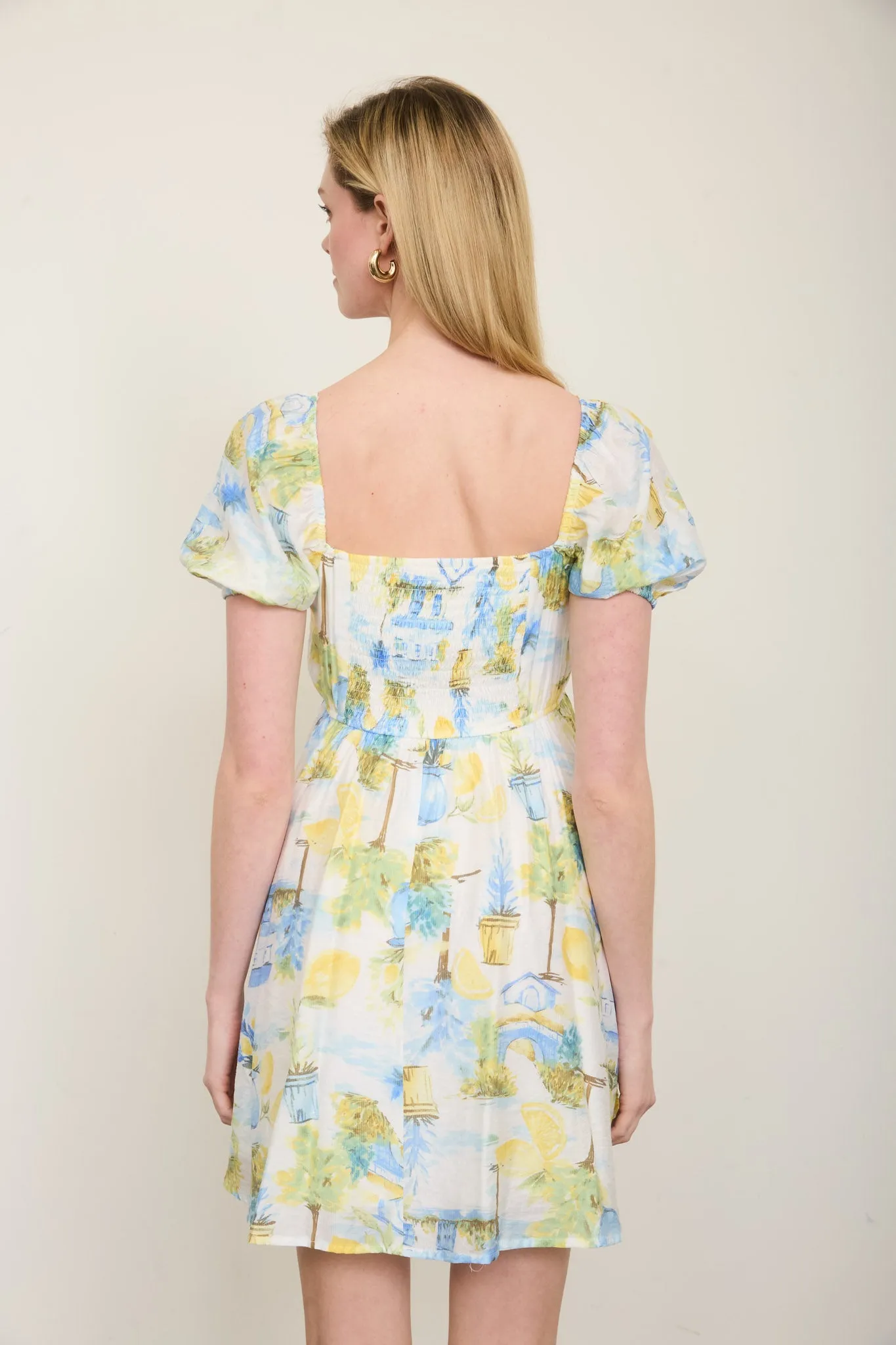 LEMON PRINT PLEATED SHORT PUFF SLEEVE MINI DRESS sold by Blu Pepper product image thumbnail 3