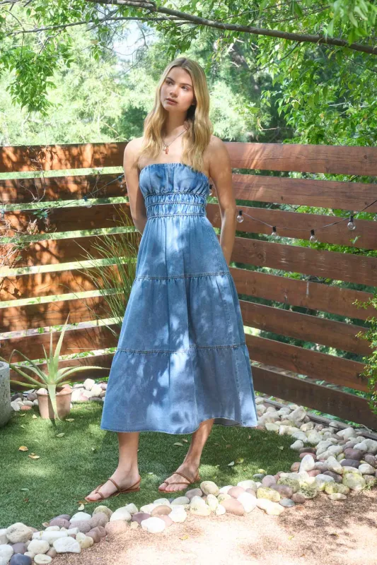 STRAPLESS SHIRRED TIERED DENIM MIDI SUNDRESS (PRE-ORDER) made by Blu Pepper
