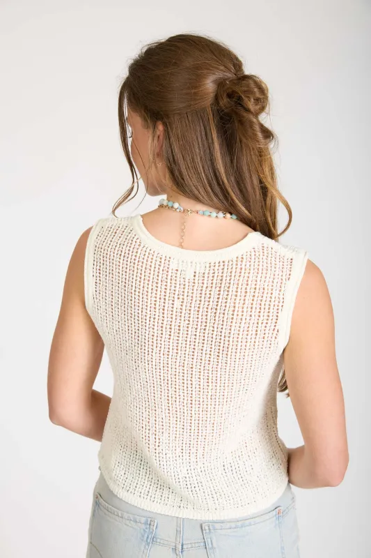 SHEER CROCHET KNIT FRONT TIE SLEEVELESS KNIT VEST (PRE-ORDER) sold by Blu Pepper