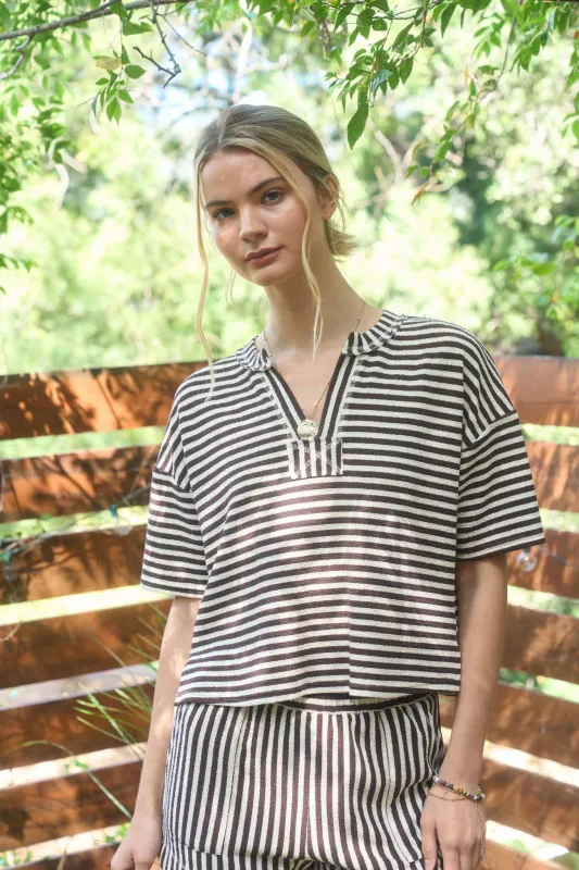 STRIPE SHORT SLEEVE DROP SHOULDER BOXY KNIT TOP (PRE-ORDER) sold by Blu Pepper